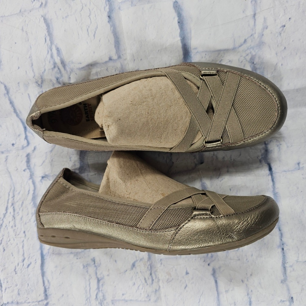 Earth Spirit Slip On Flats Womens 9.5 Bronze Metallic Mesh Criss Cross Straps